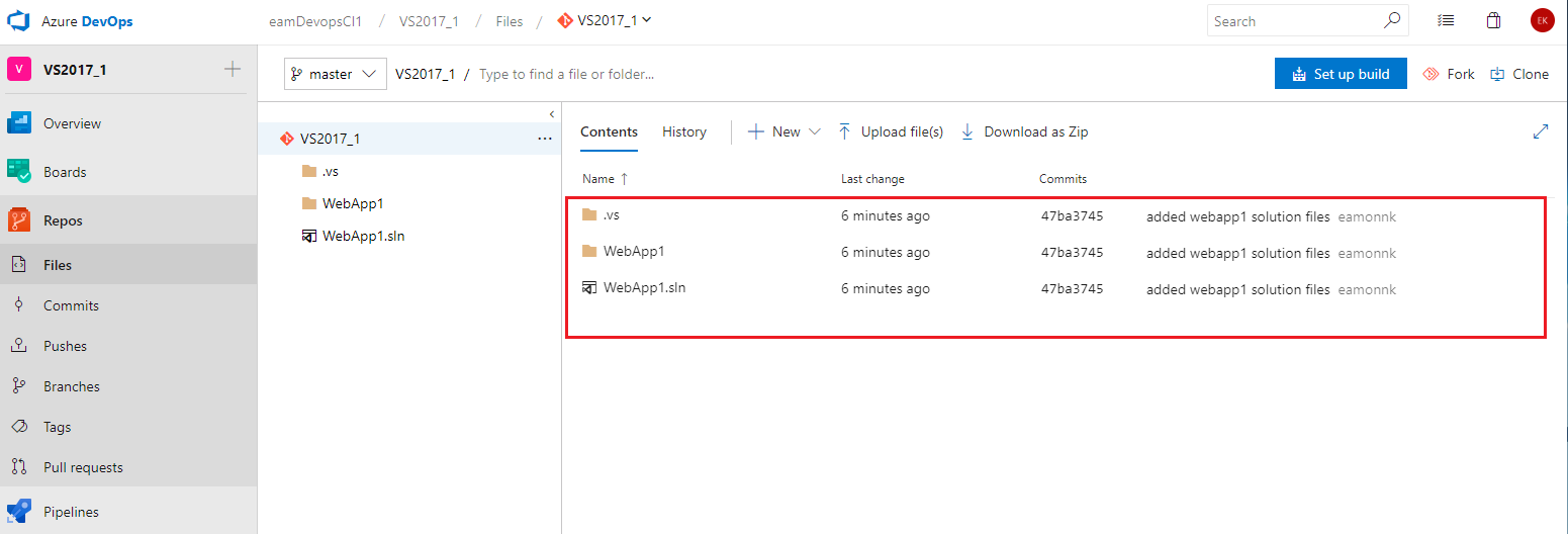 Screenshot of Azure DevOps project repo with the sample web app files present and highlighted.